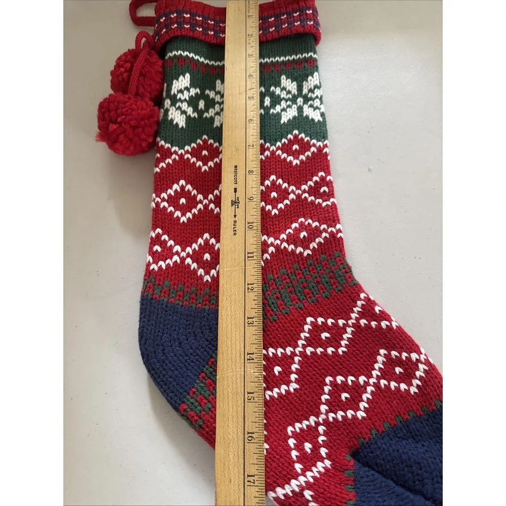 Target Wondershop Knit Fair Isle Holiday Christmas Stocking Blue Red White Poms